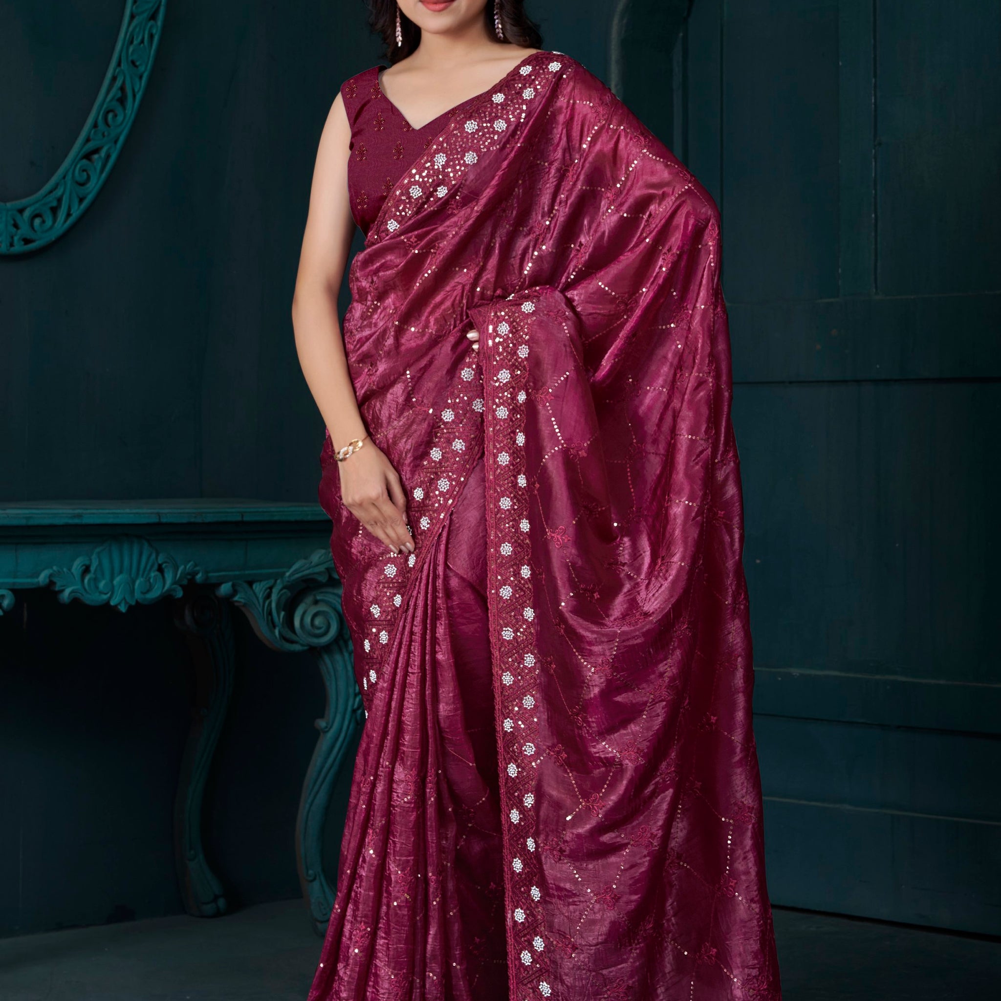 Tantalizing Maroon Sequins Work Silk Festive Wear Saree With Blouse