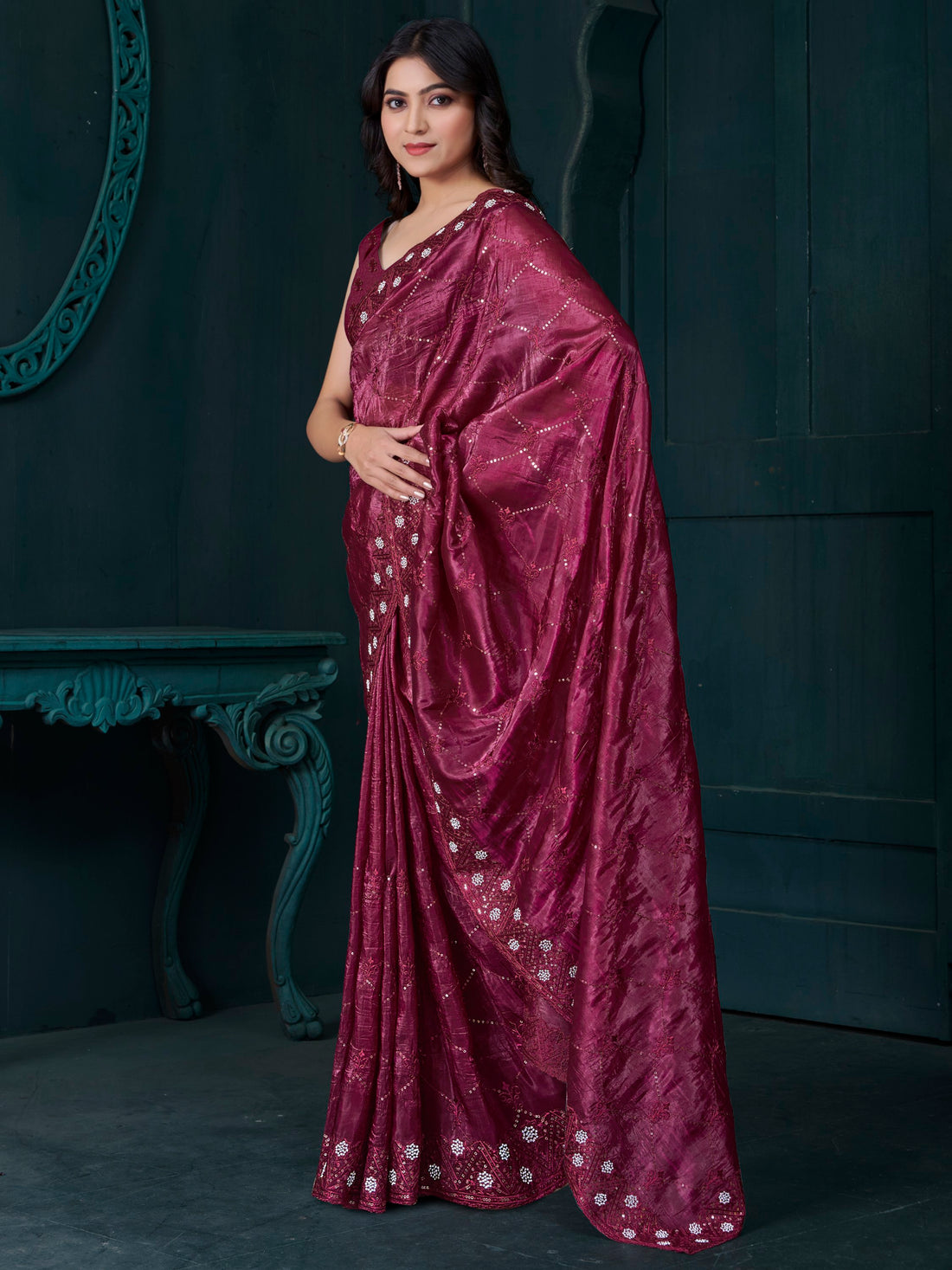 Tantalizing Maroon Sequins Work Silk Festive Wear Saree With Blouse