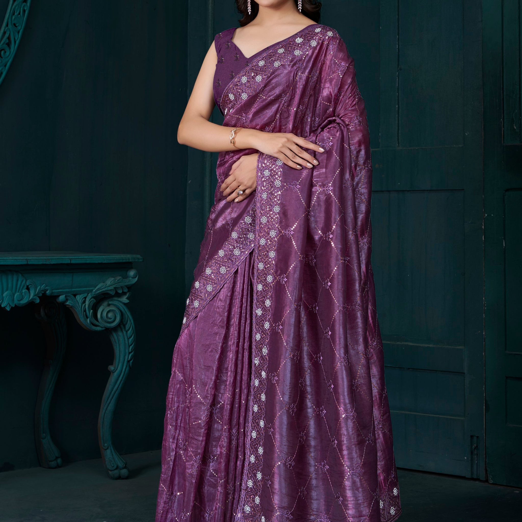 Charming Purple Embroidered Silk Event Wear Saree With Blouse