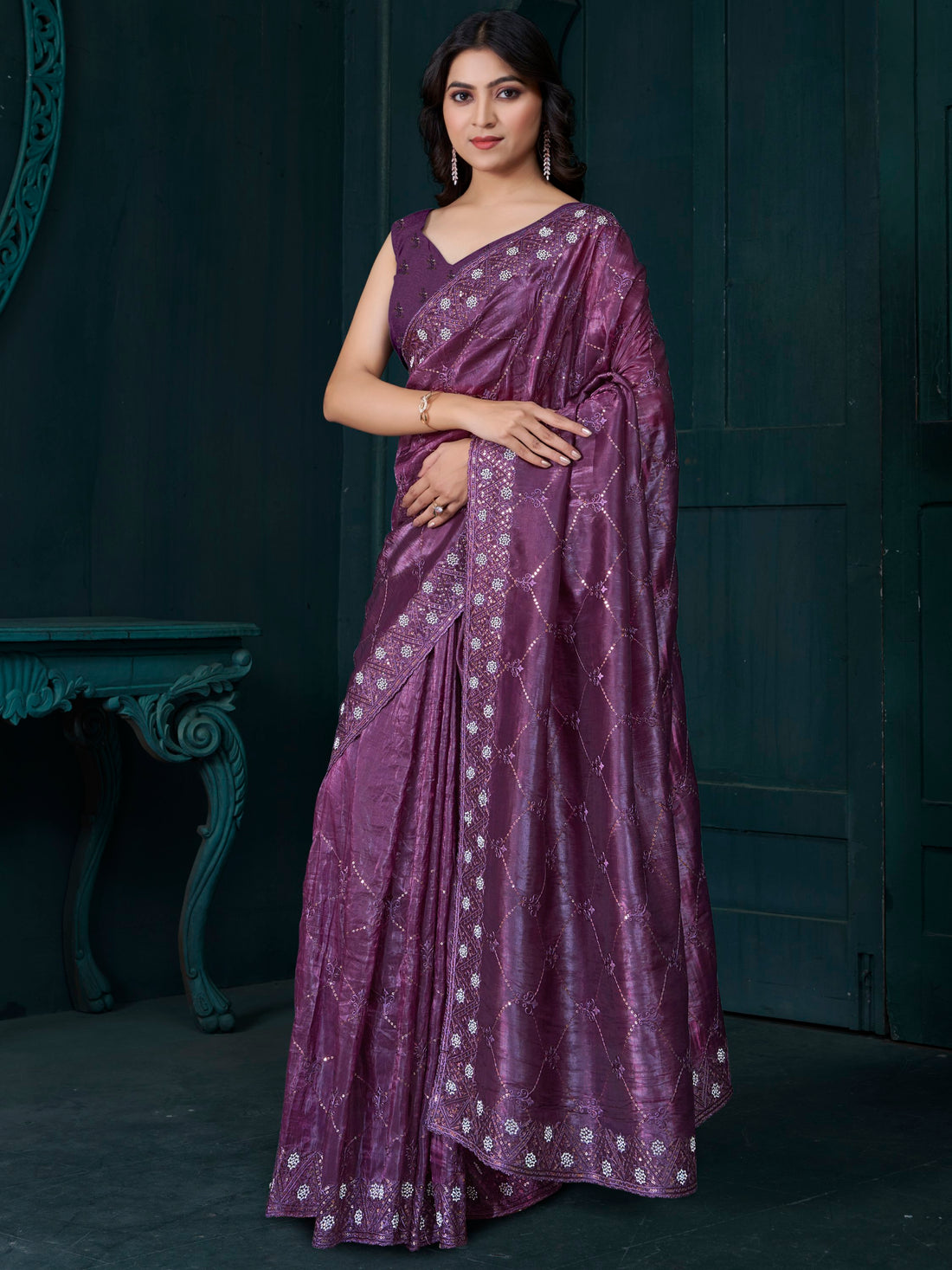 Charming Purple Embroidered Silk Event Wear Saree With Blouse