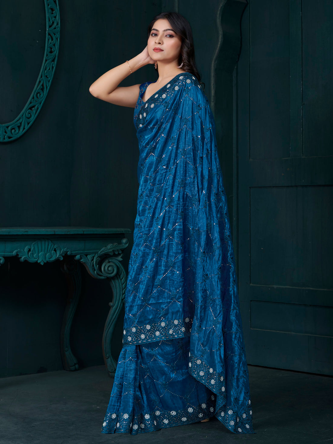 Bewitching Teal Blue Thread Embroidered Silk Party Wear Saree