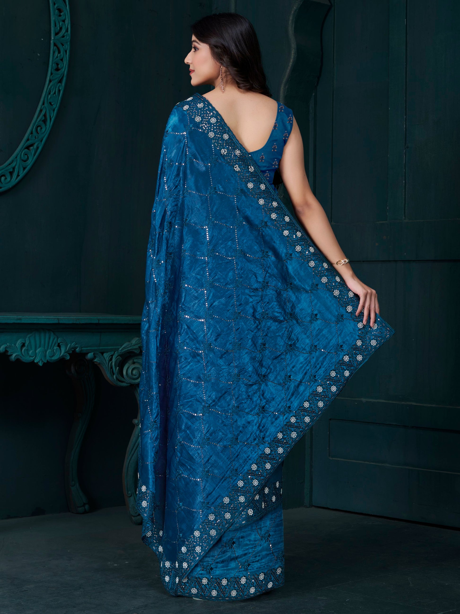 Bewitching Teal Blue Thread Embroidered Silk Party Wear Saree
