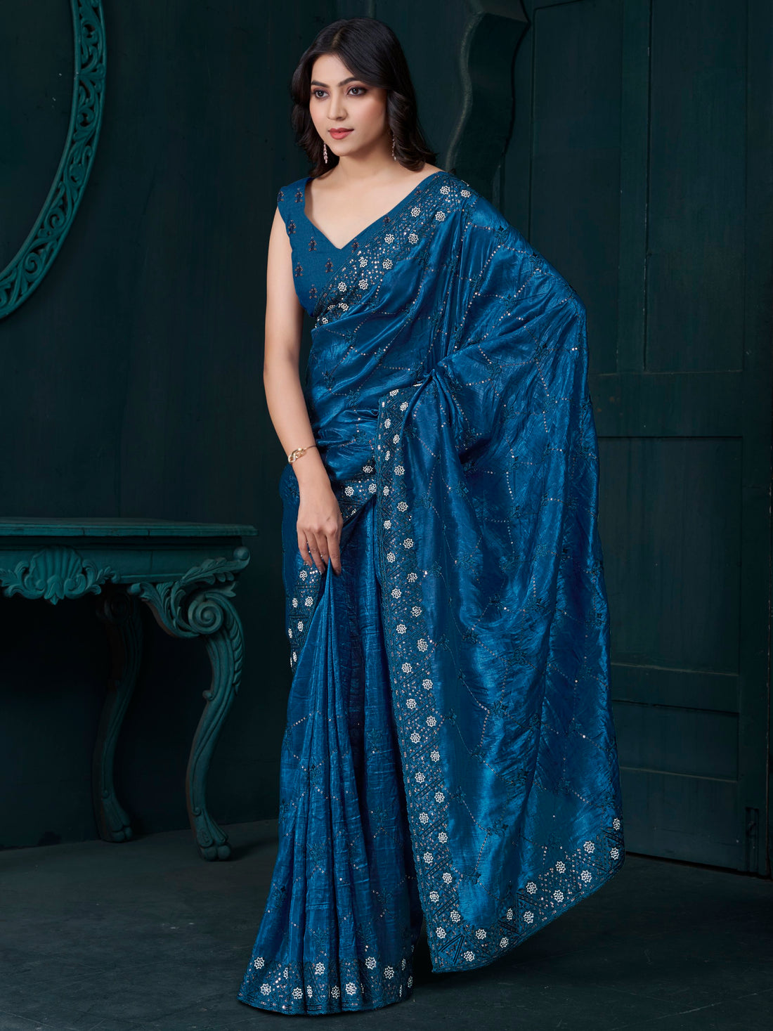 Bewitching Teal Blue Thread Embroidered Silk Party Wear Saree