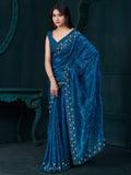 Bewitching Teal Blue Thread Embroidered Silk Party Wear Saree