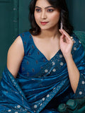 Bewitching Teal Blue Thread Embroidered Silk Party Wear Saree