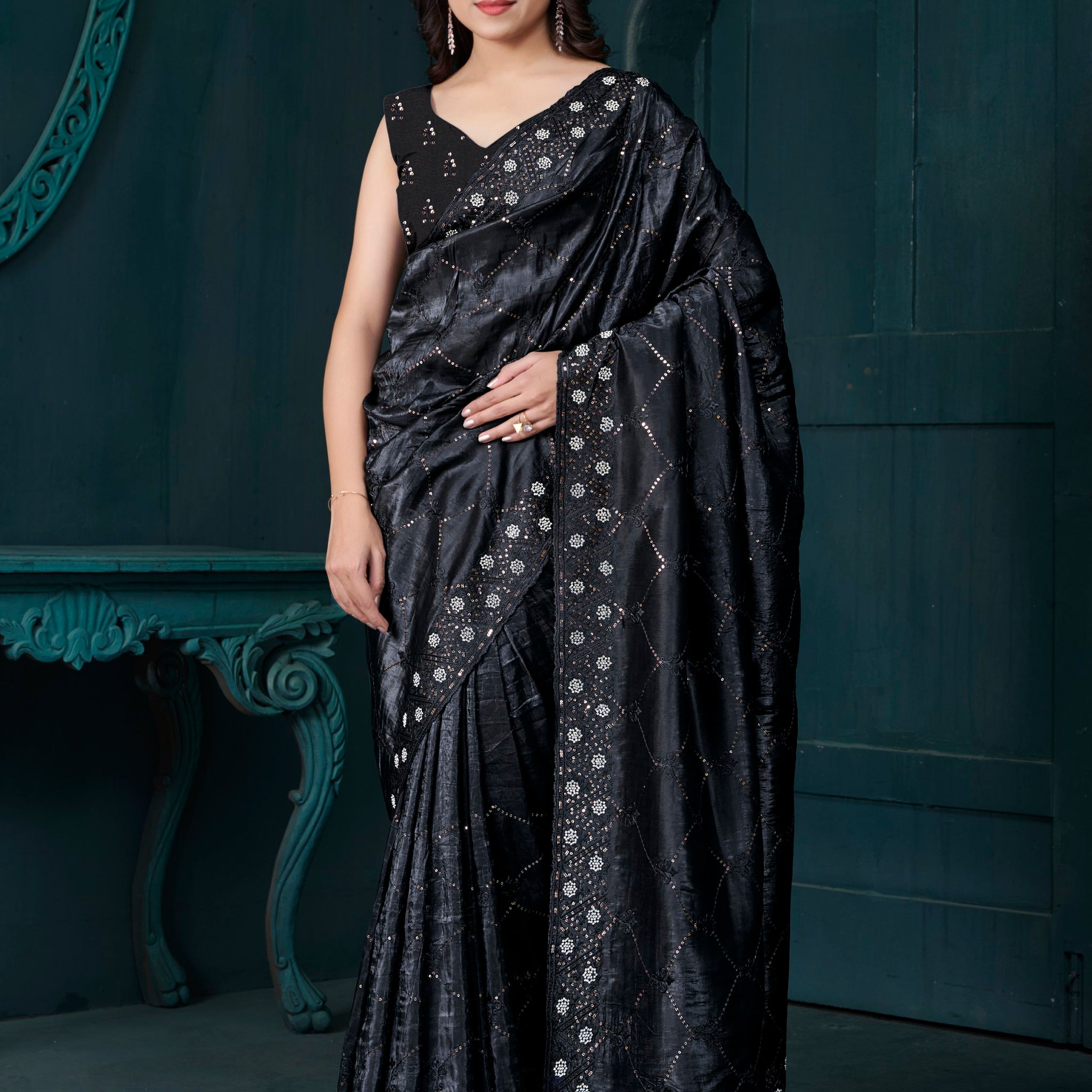 Awesome Black Thread Embroidered Silk Saree With Blouse