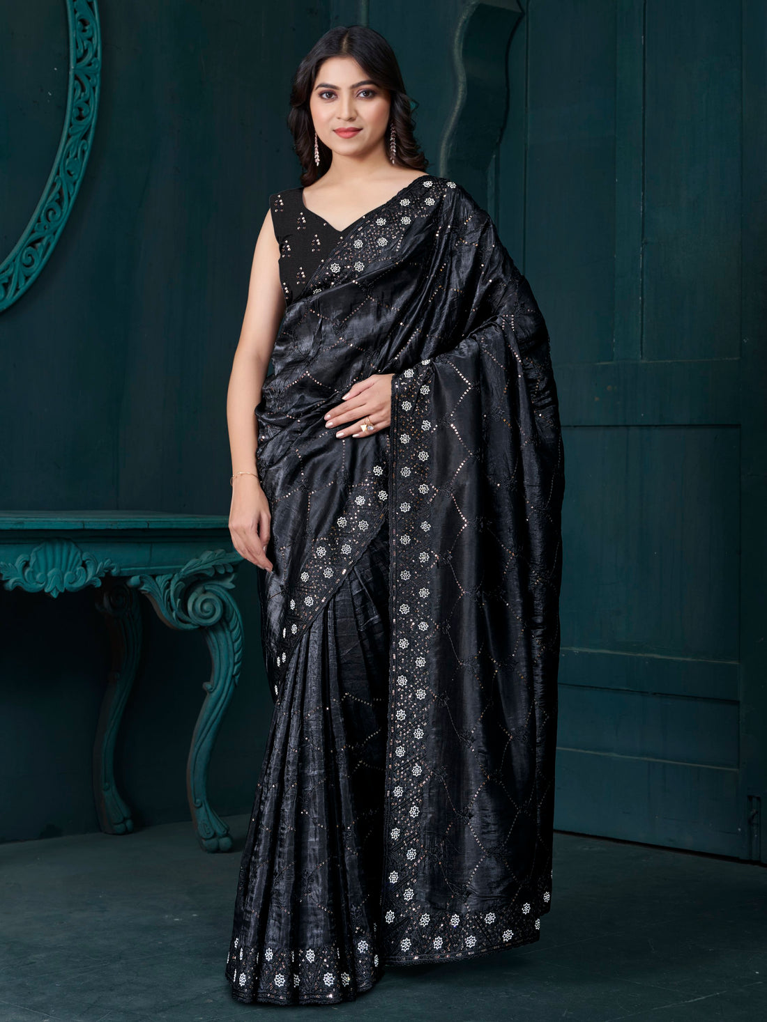 Awesome Black Thread Embroidered Silk Saree With Blouse