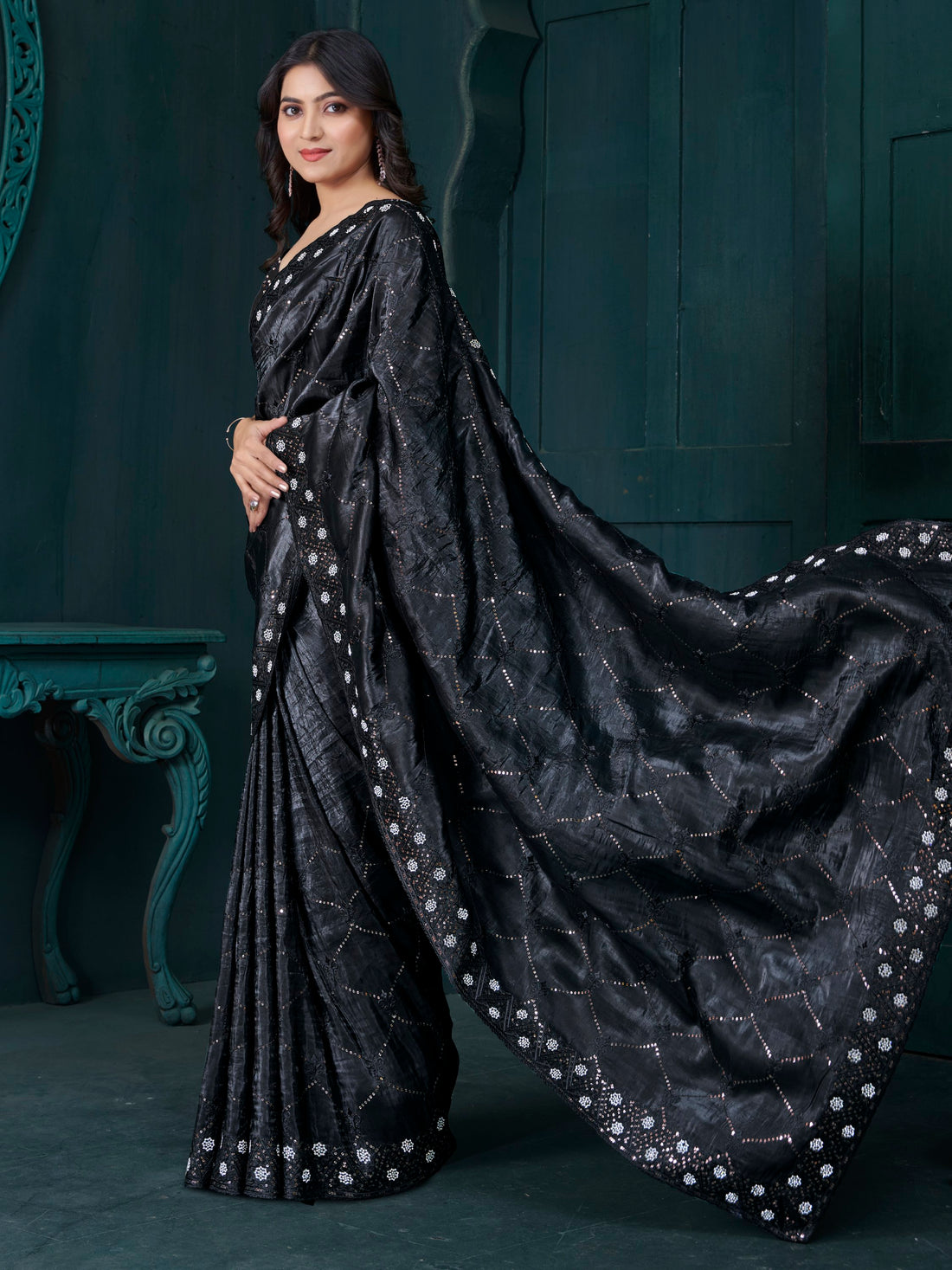Awesome Black Thread Embroidered Silk Saree With Blouse