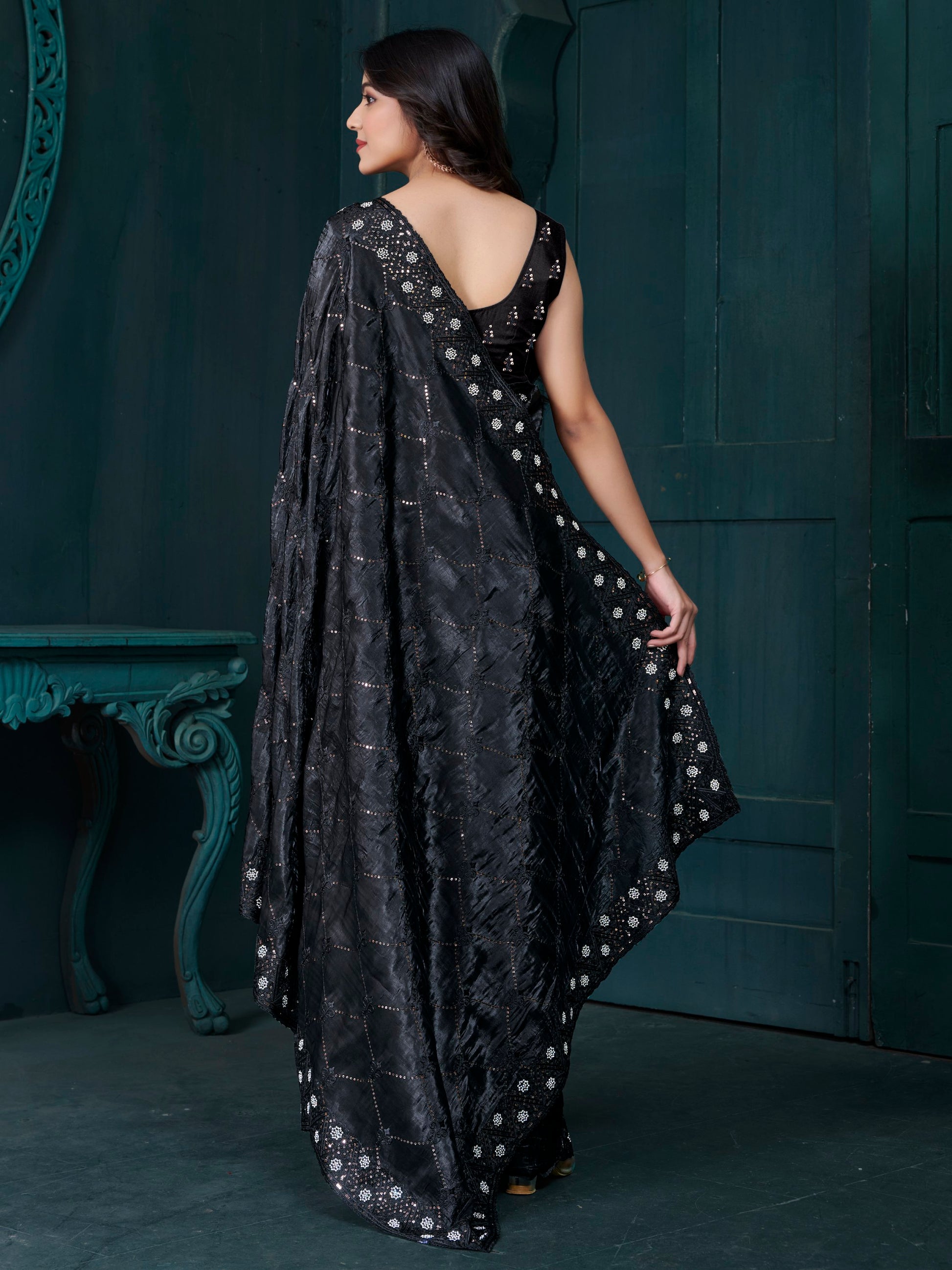Awesome Black Thread Embroidered Silk Saree With Blouse