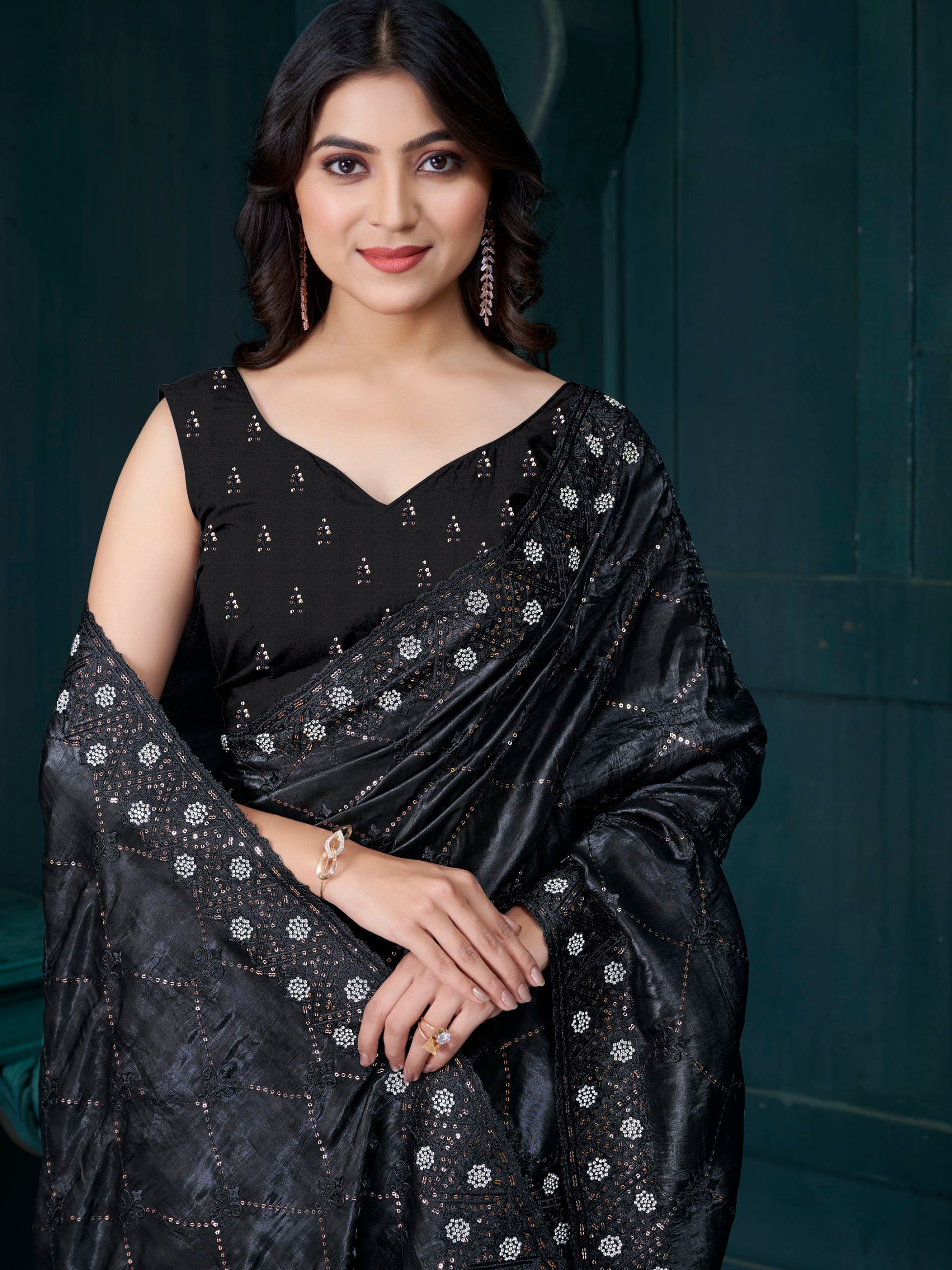 Awesome Black Thread Embroidered Silk Saree With Blouse