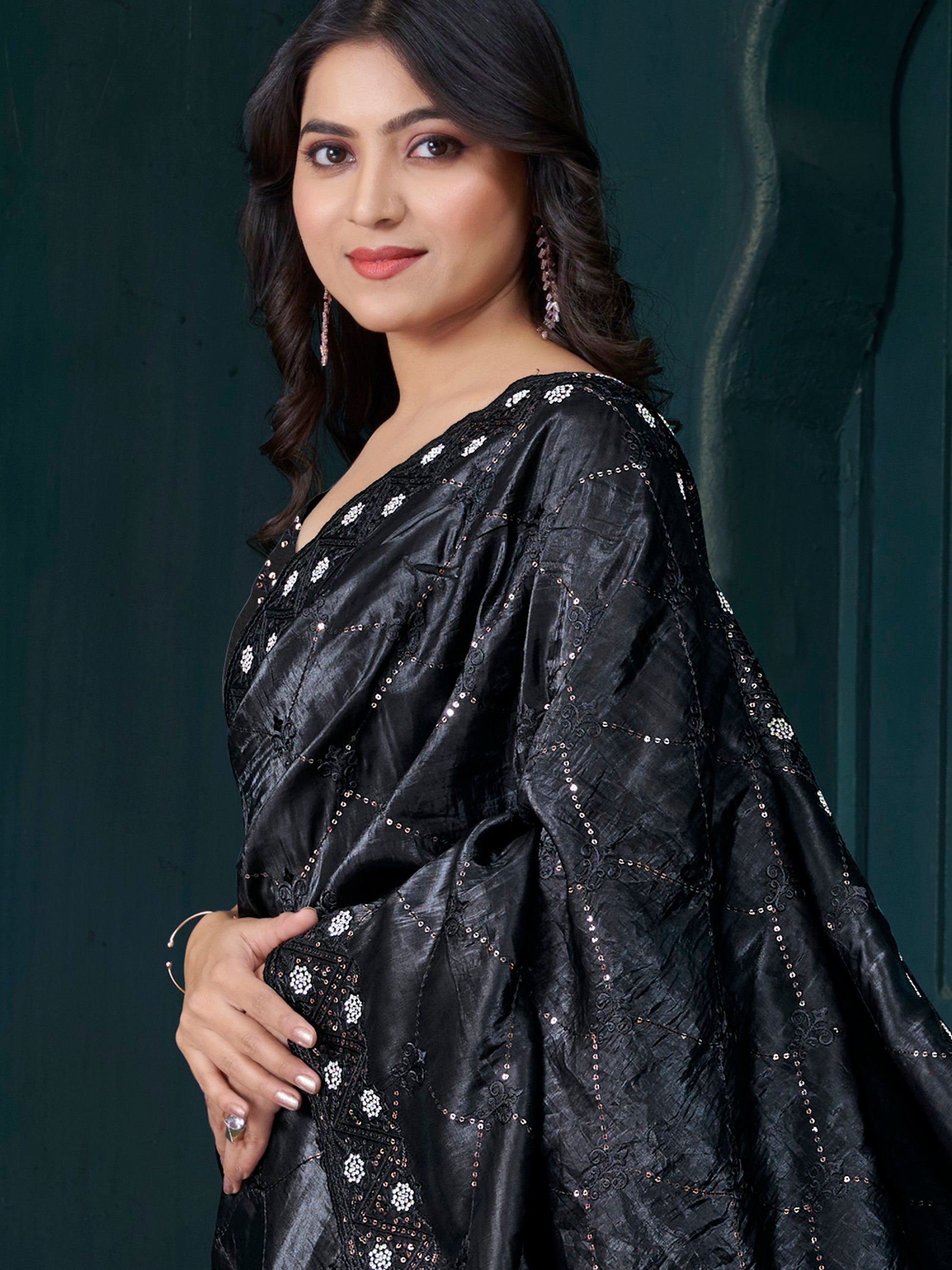 Awesome Black Thread Embroidered Silk Saree With Blouse