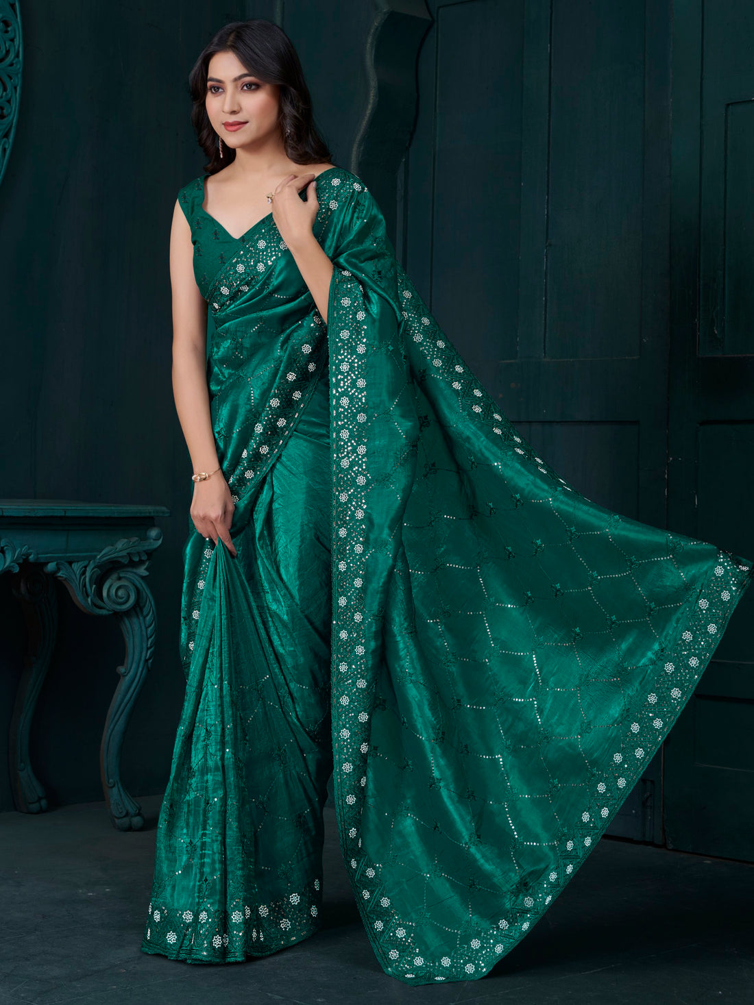 Gorgeous Teal Green Sequins Work Silk Festive Wear Saree With Blouse