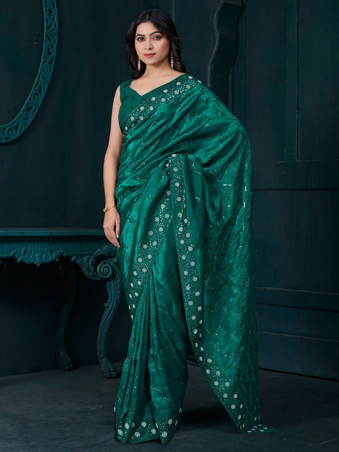 Gorgeous Teal Green Sequins Work Silk Festive Wear Saree With Blouse