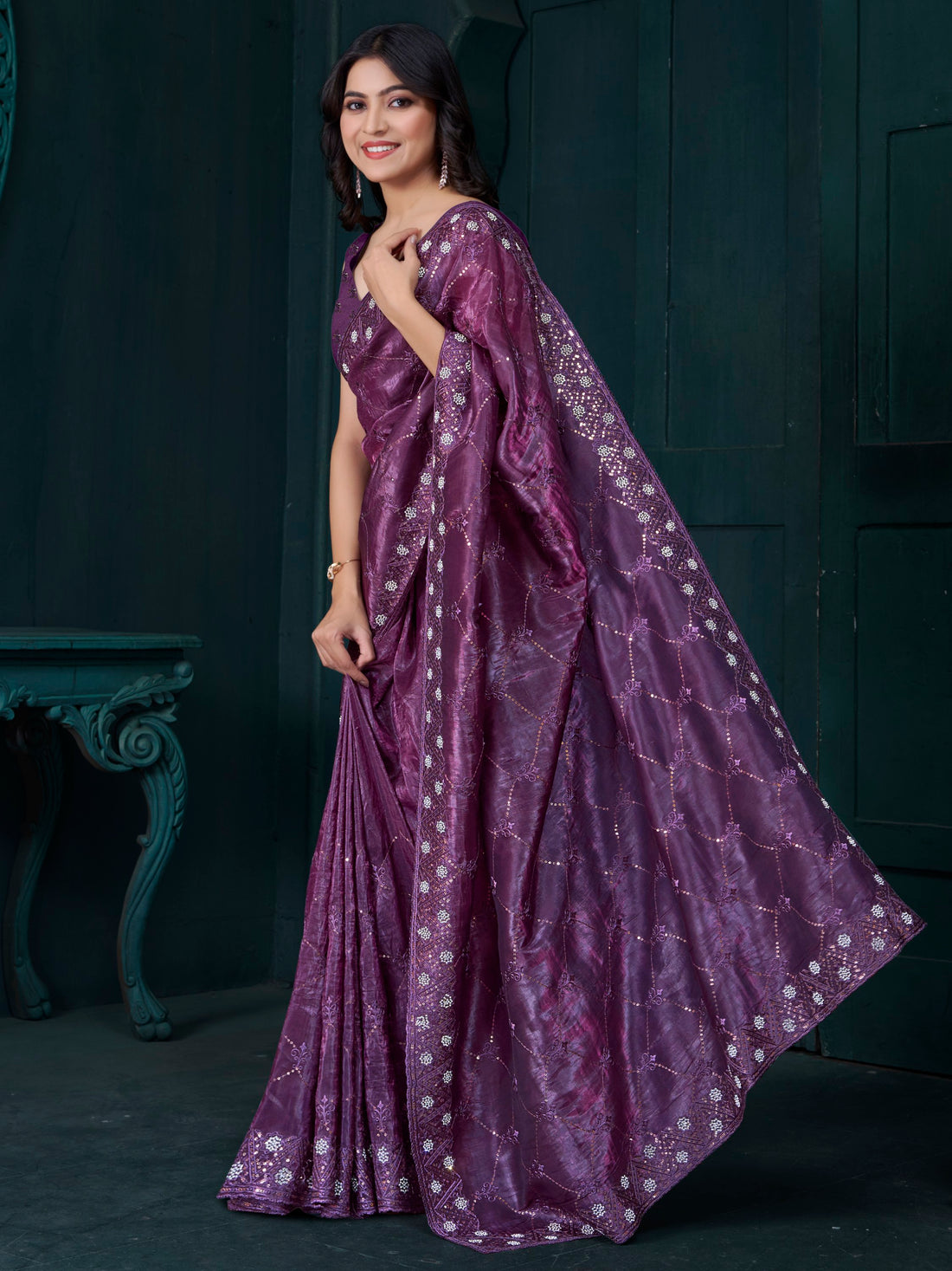 Charming Purple Embroidered Silk Event Wear Saree With Blouse