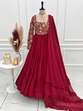 Marvelous Maroon Thread Work Georgette Wedding Wear Anarkali Gown With Dupatta