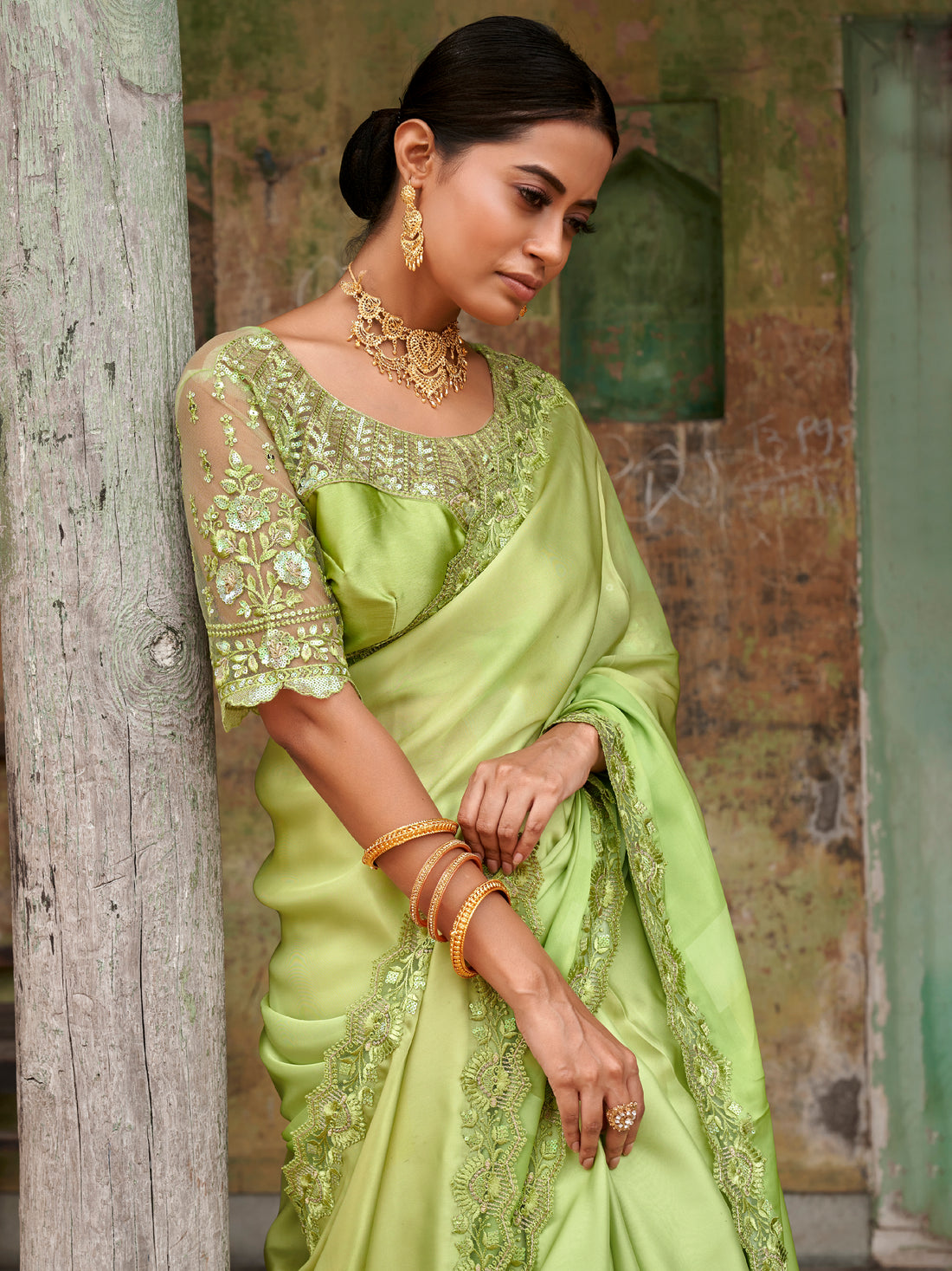 Awesome Green Embroidered Satin Festival Wear Saree With Blouse