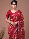 Graceful Red Floral Printed Silk Festival Wear Saree With Blouse