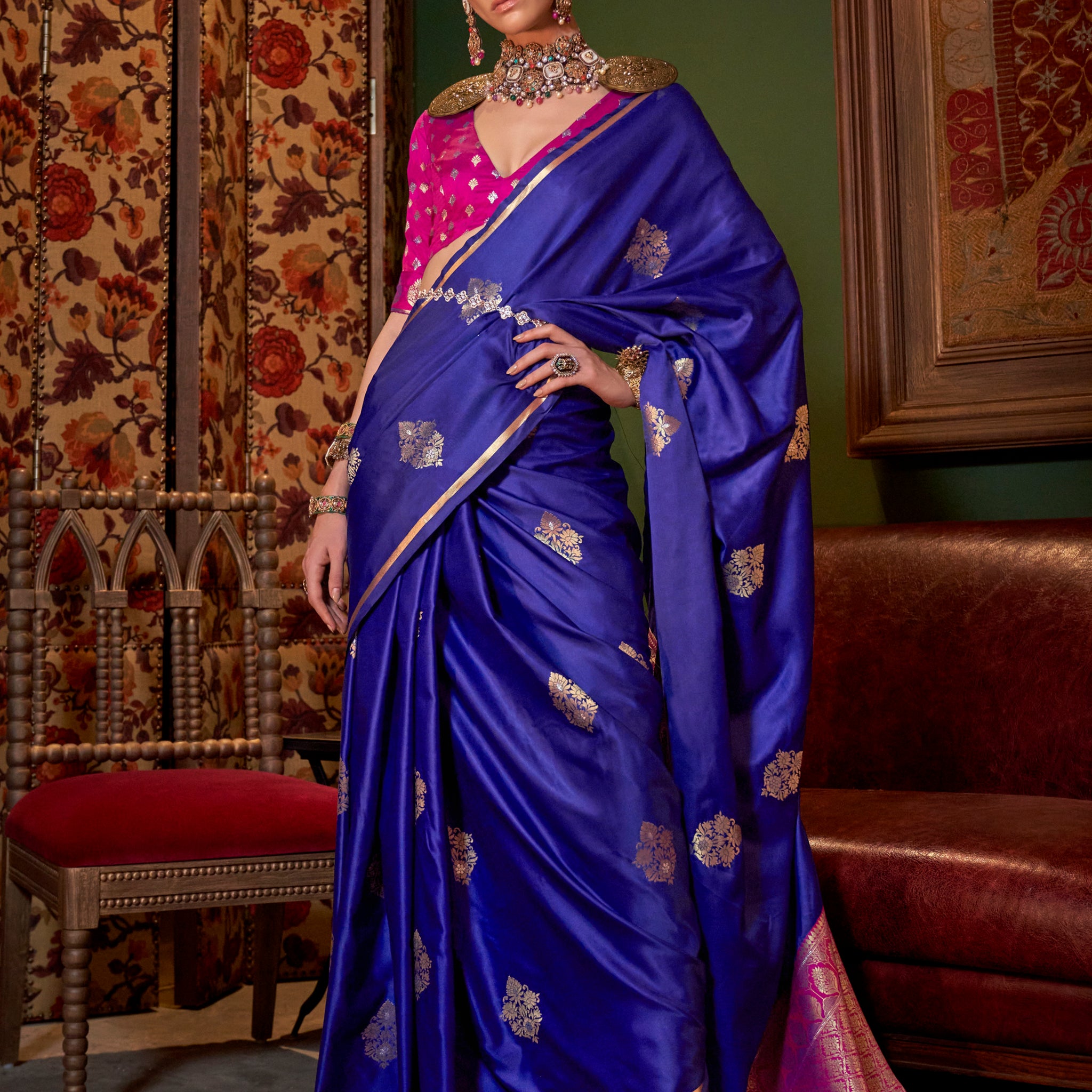 Amazing Blue Zari Weaving Satin Festival Wear Saree With Blouse