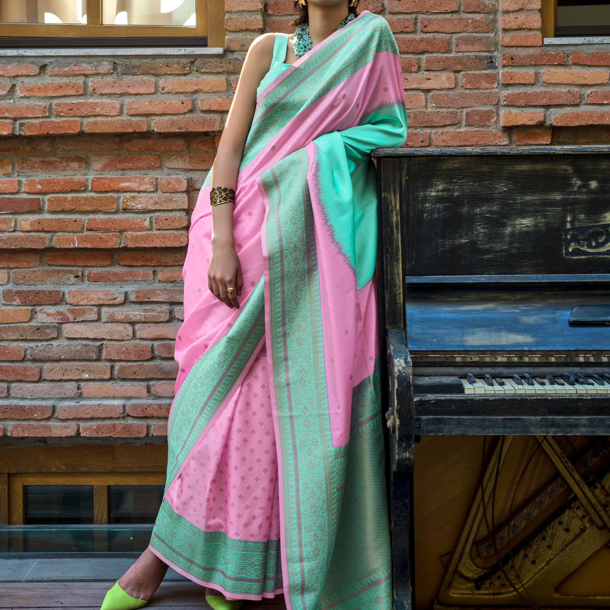 Stunning Pink Zari Weaving Silk Event Wear Saree With Blouse