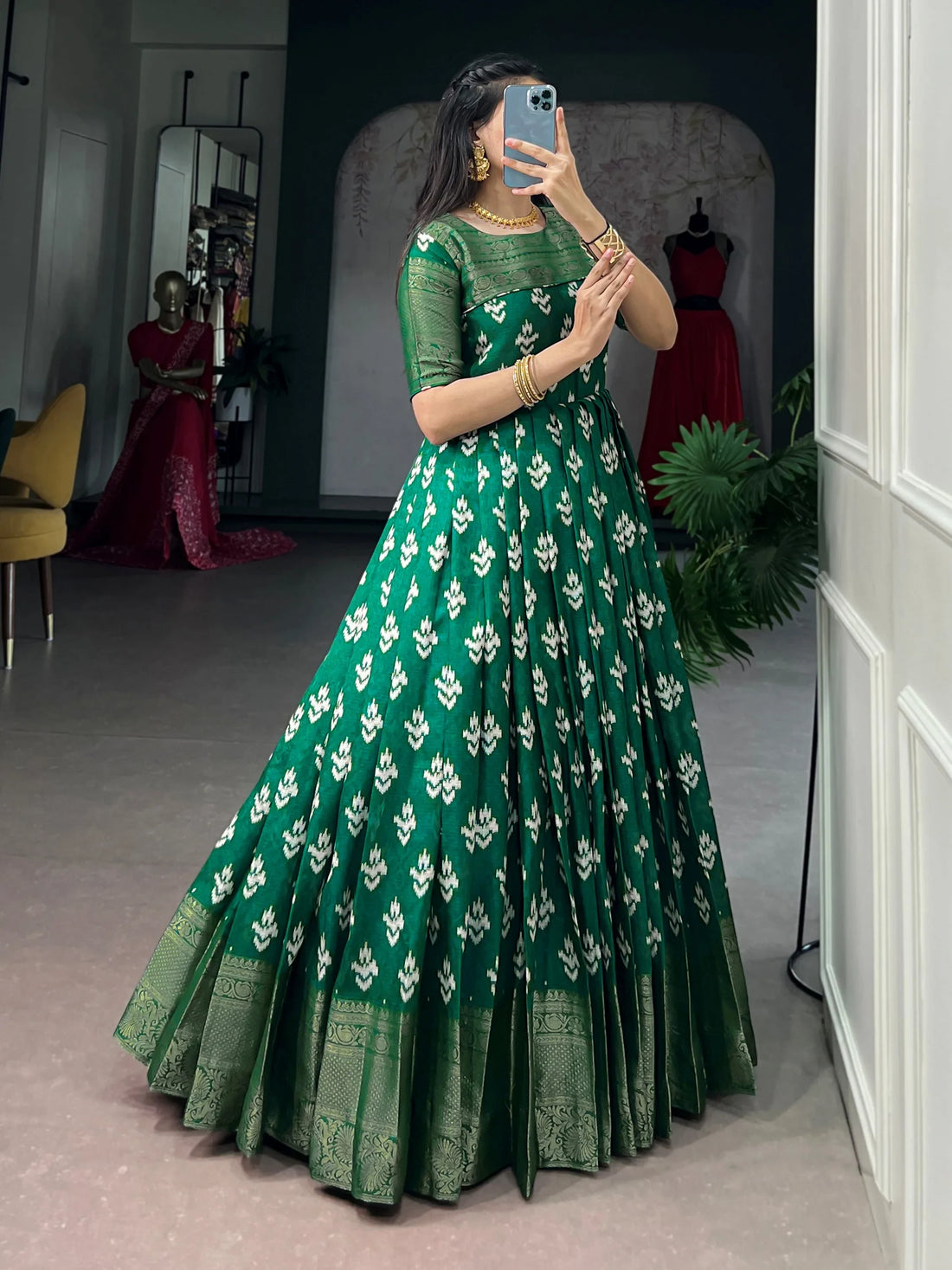 Enchanting Green Zari Woven Cotton Festive Wear Gown