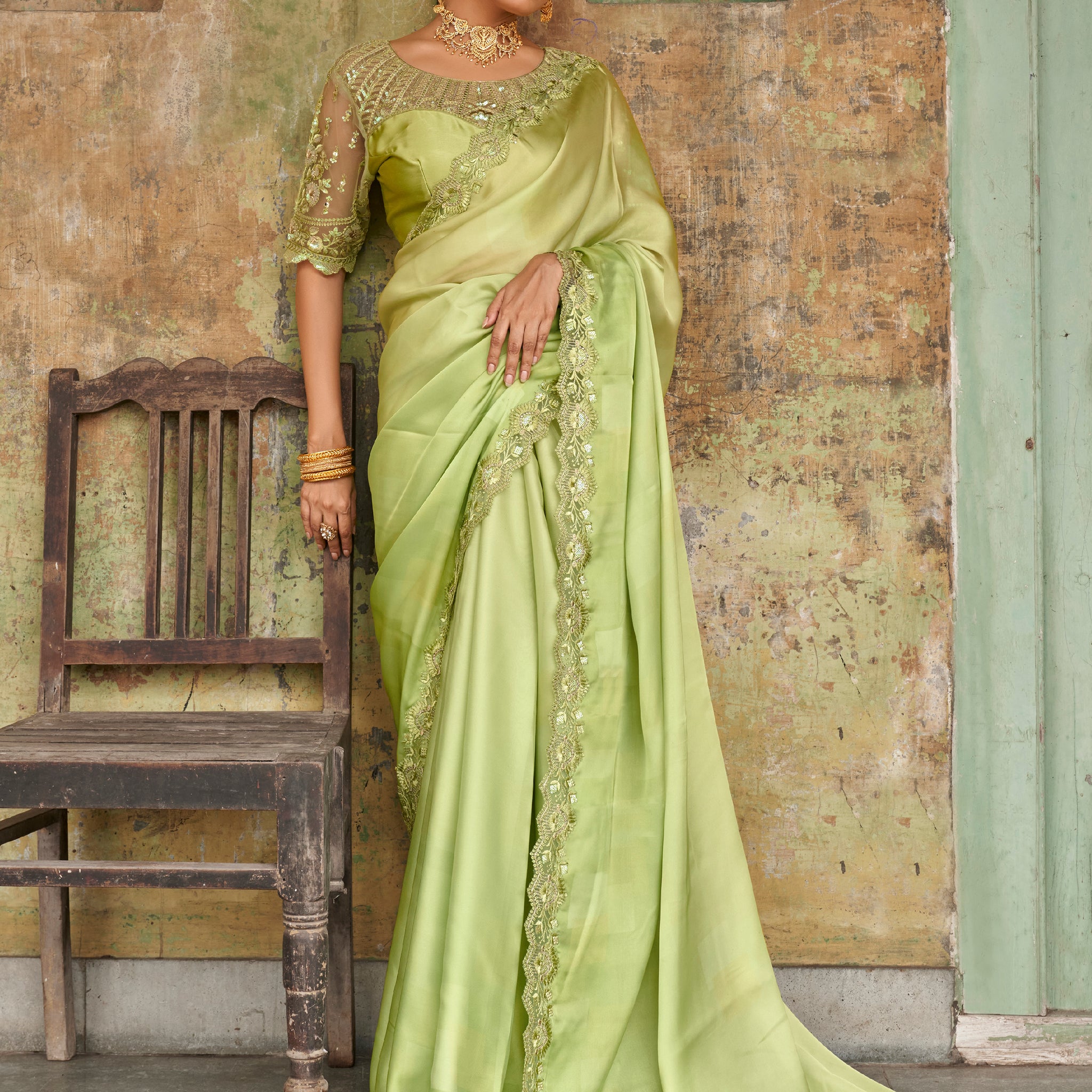 Awesome Green Embroidered Satin Festival Wear Saree With Blouse
