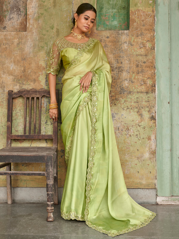 Awesome Green Embroidered Satin Festival Wear Saree With Blouse