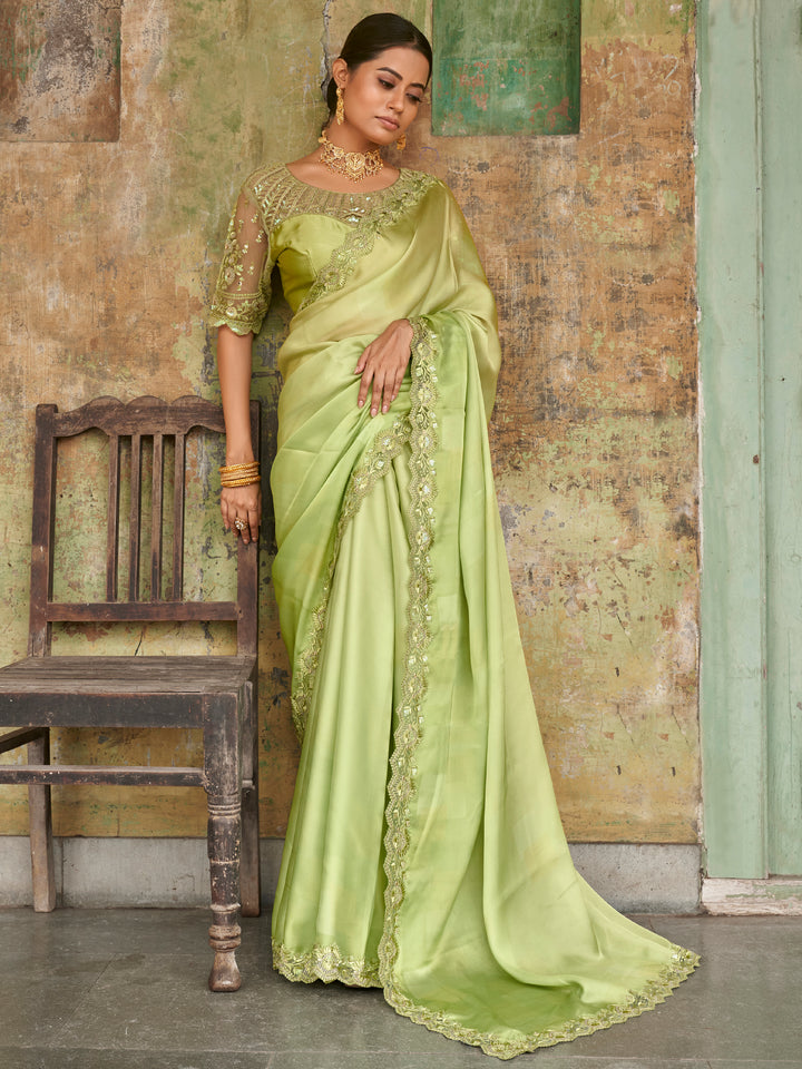 Awesome Green Embroidered Satin Festival Wear Saree With Blouse