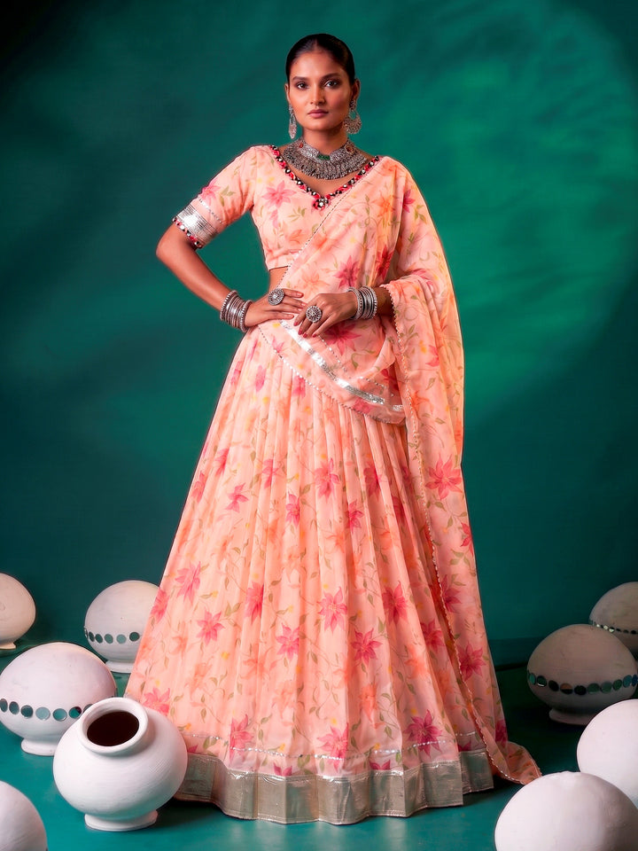 Elegant Peach Floral Printed Silk Event Wear Lehenga Choli