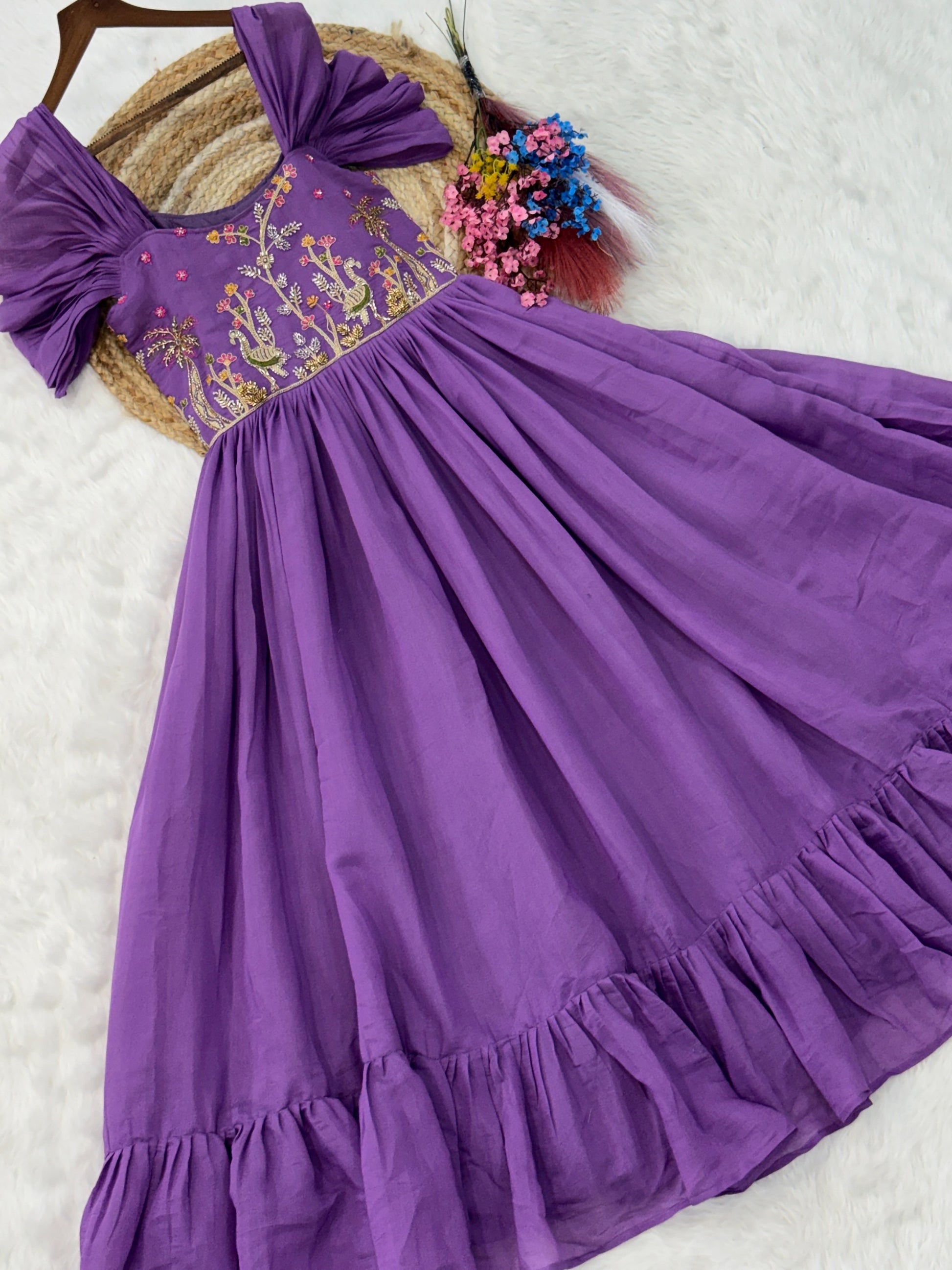 Fantastic Purple Beads Work Chanderi Party Wear Dress 