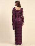 Awesome Wine Sequins Georgette Ready To Wear Saree With Blouse