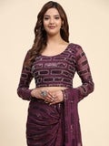 Awesome Wine Sequins Georgette Ready To Wear Saree With Blouse
