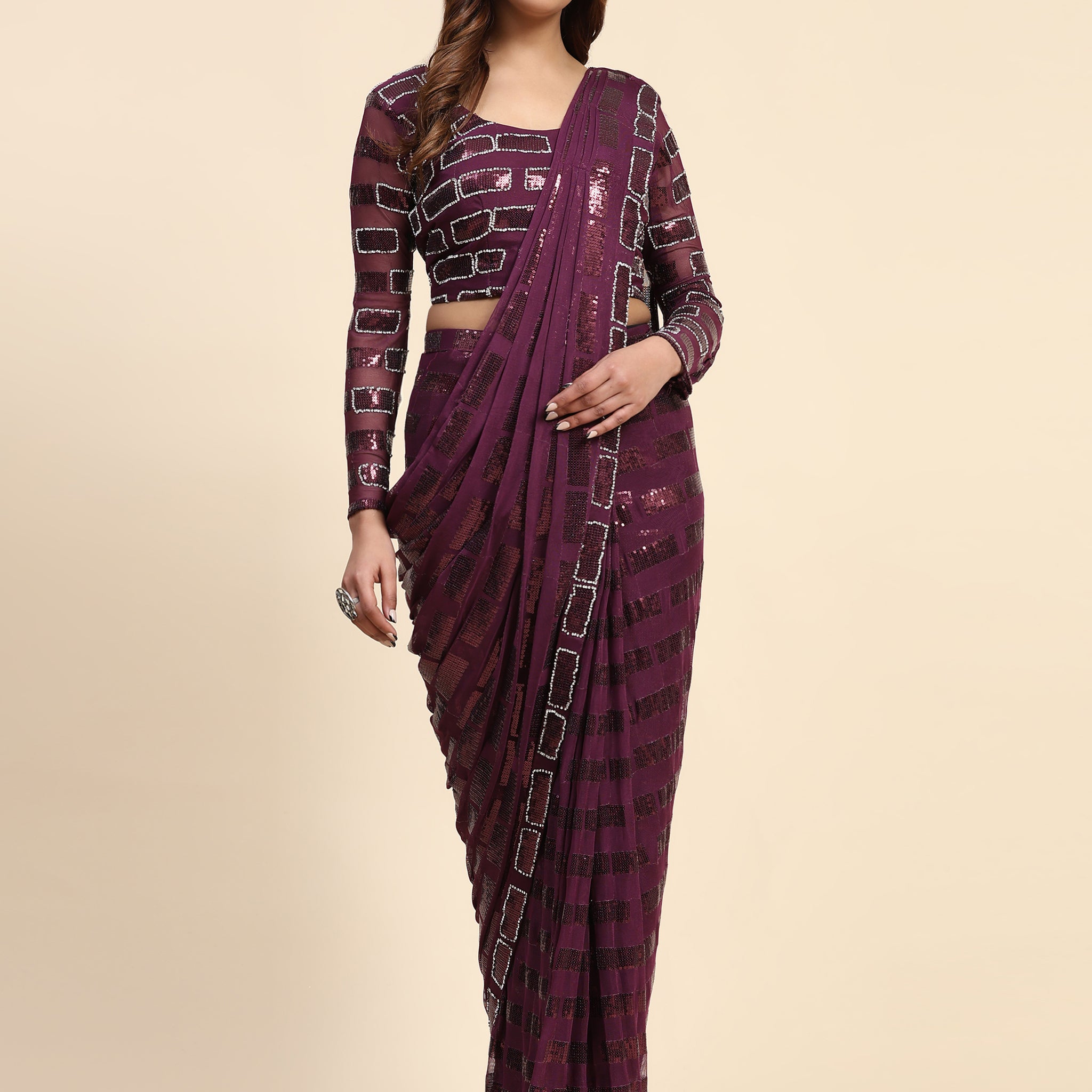 Awesome Wine Sequins Georgette Ready To Wear Saree With Blouse