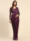 Awesome Wine Sequins Georgette Ready To Wear Saree With Blouse