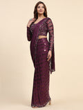 Awesome Wine Sequins Georgette Ready To Wear Saree With Blouse