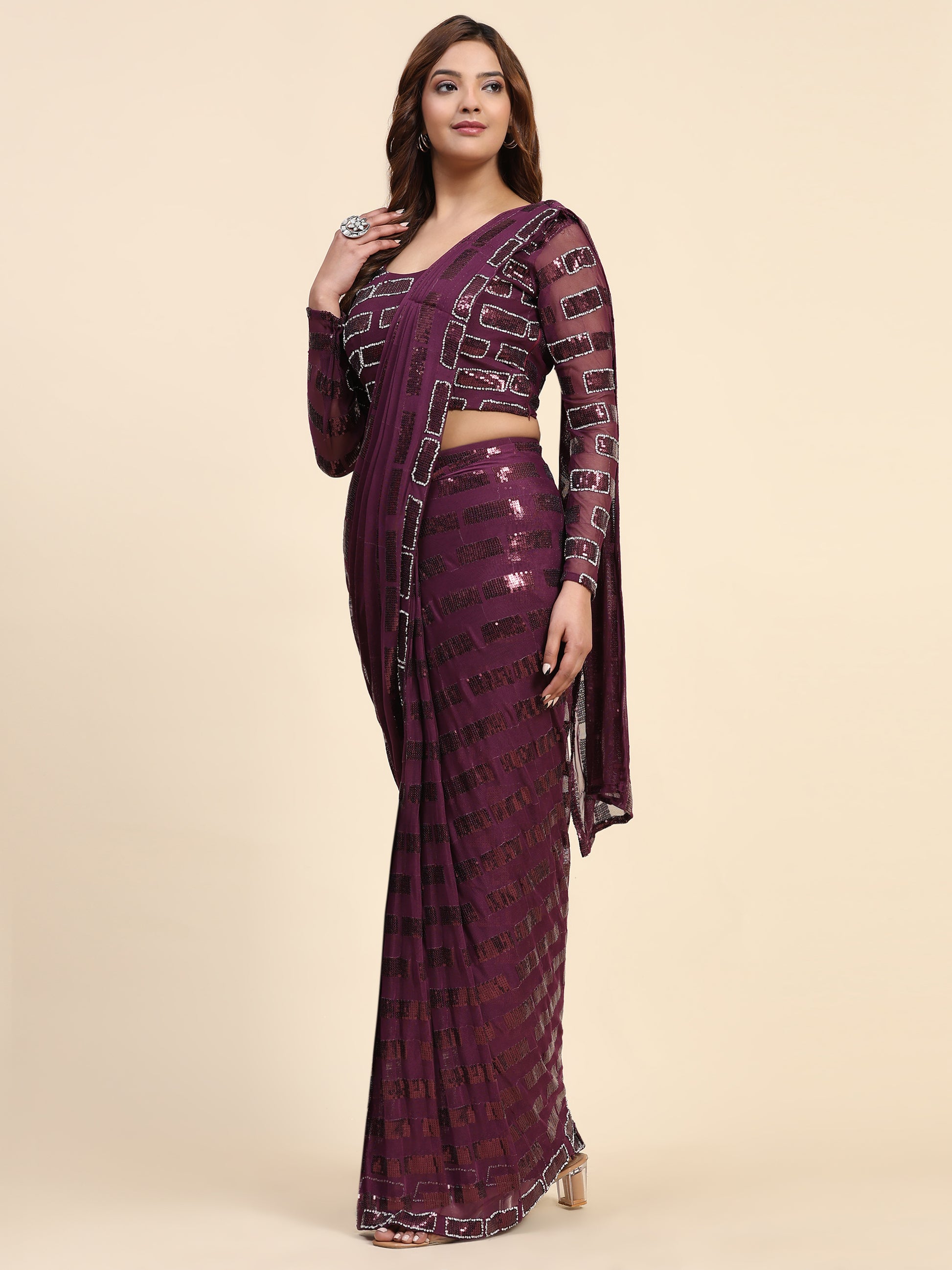 Awesome Wine Sequins Georgette Ready To Wear Saree With Blouse