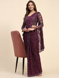 Awesome Wine Sequins Georgette Ready To Wear Saree With Blouse