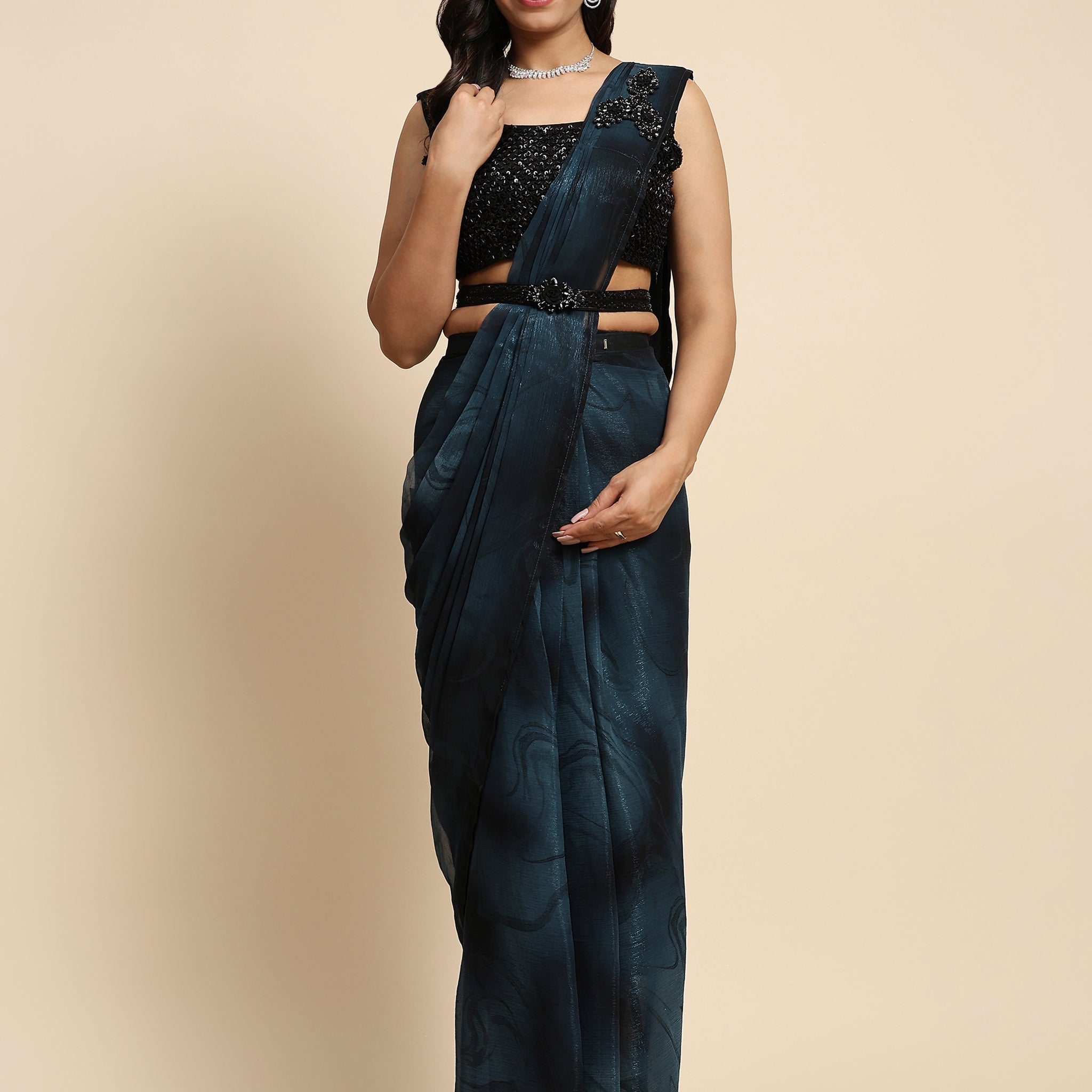 Stunning Navy Blue Printed Satin Ready To Wear Saree With Blouse
