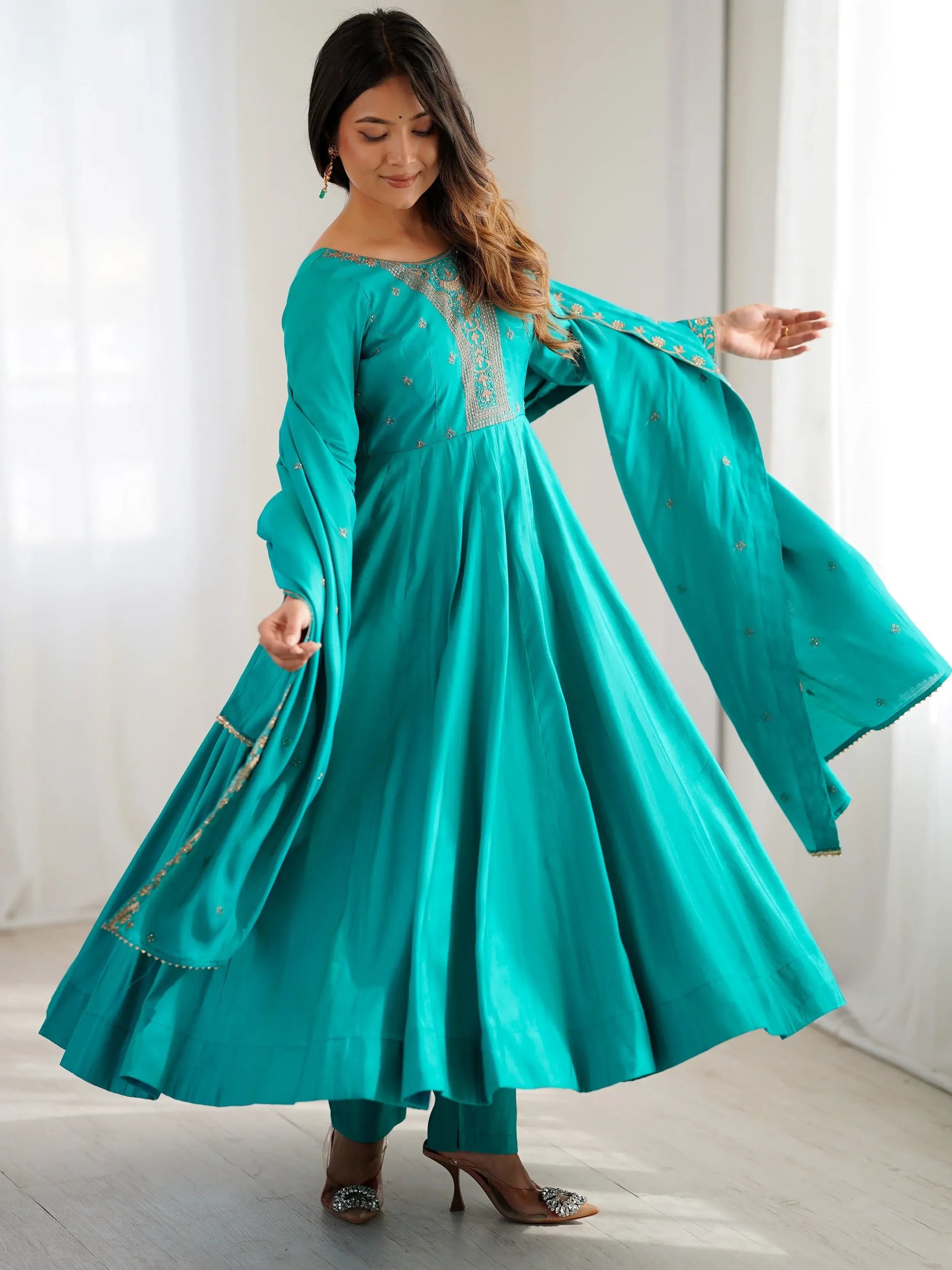 Grand Sky Blue Bead Embroidery Sequins Silk Evening Wear Anarkali Gown With Dupatta