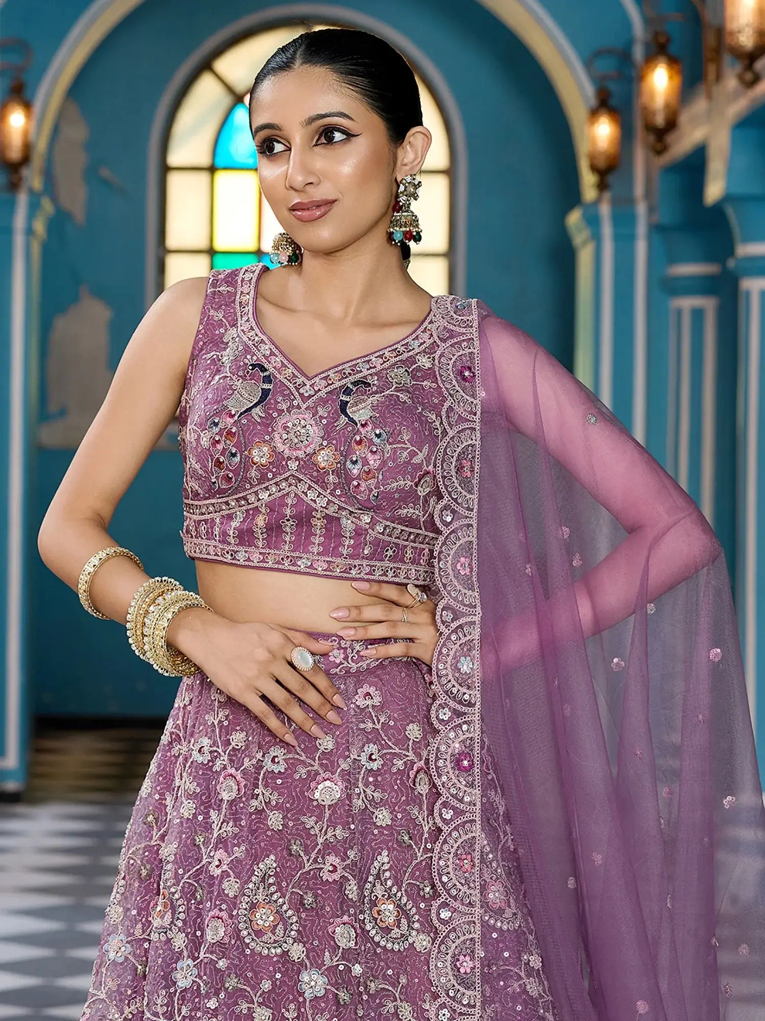 Gorgeous Lavender Sequins Net Engagement Wear Lehenga With Blouse