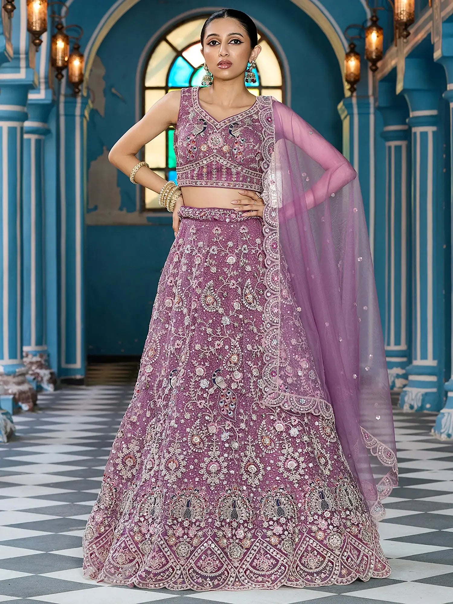 Gorgeous Lavender Sequins Net Engagement Wear Lehenga With Blouse
