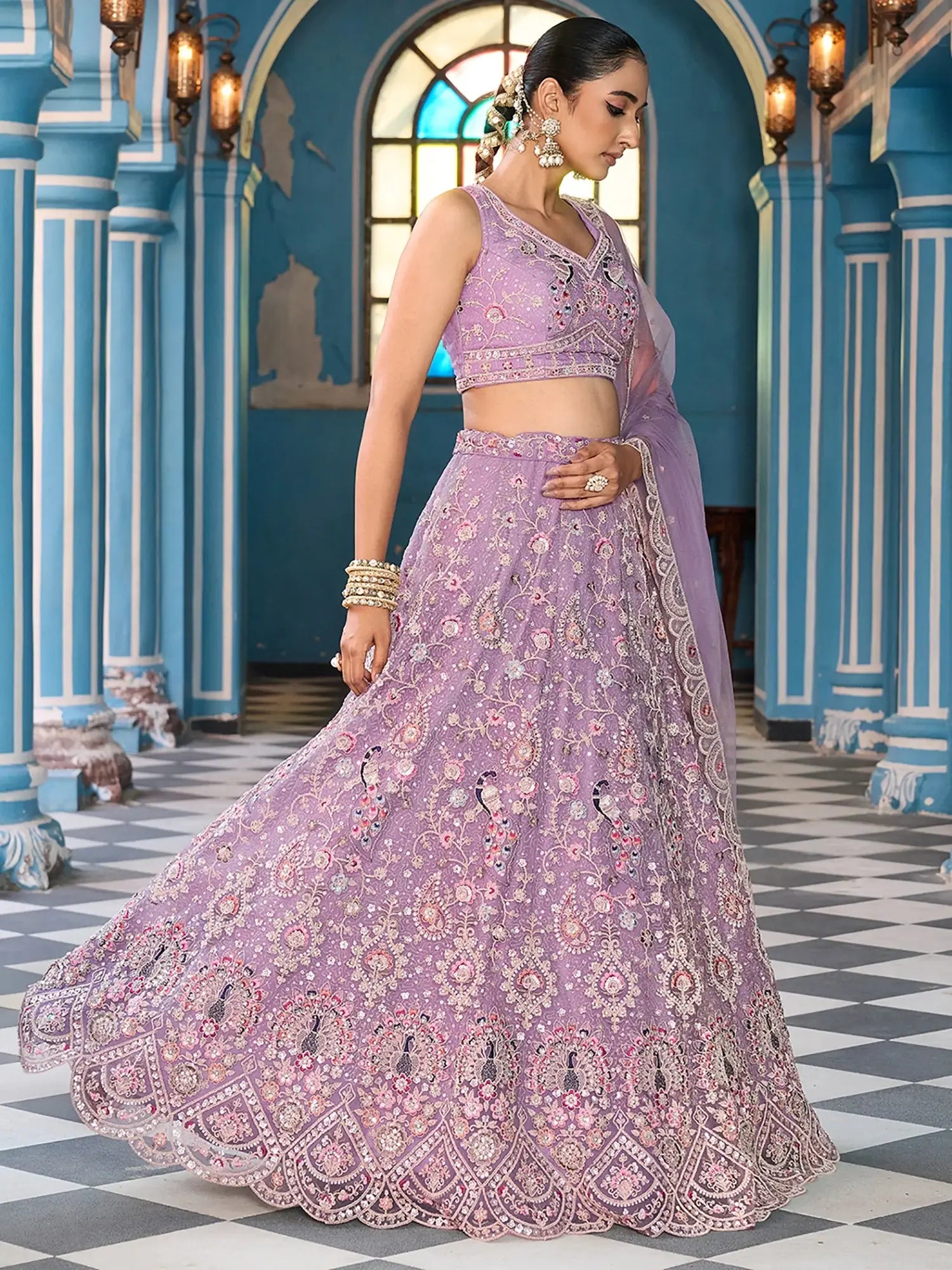 Alluring Mauve Thread Work Net Wedding Wear Lehenga choli
