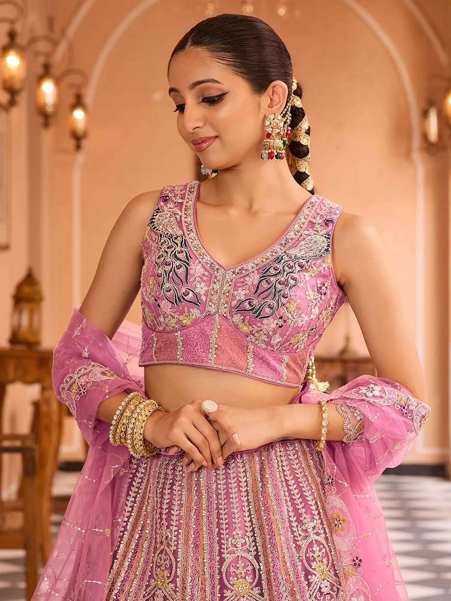 Charming Pink Floral Embroidery Net Engagement Wear Lehenga Choli With Dupatta