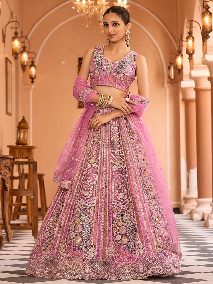 Charming Pink Floral Embroidery Net Engagement Wear Lehenga Choli With Dupatta