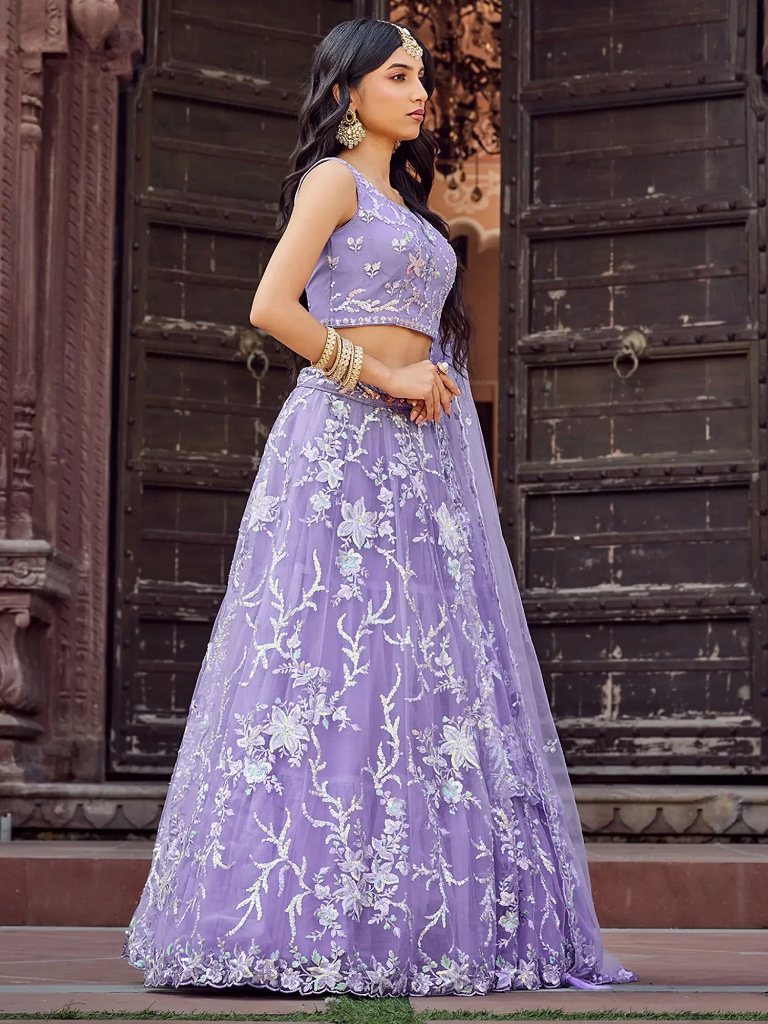 Fantastic Mauve Embroidered Net Sangeet Wear Lehenga Choli With Dupatta