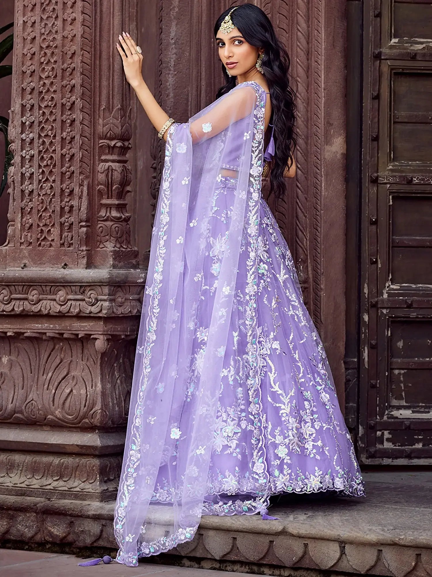 Fantastic Mauve Embroidered Net Sangeet Wear Lehenga Choli With Dupatta