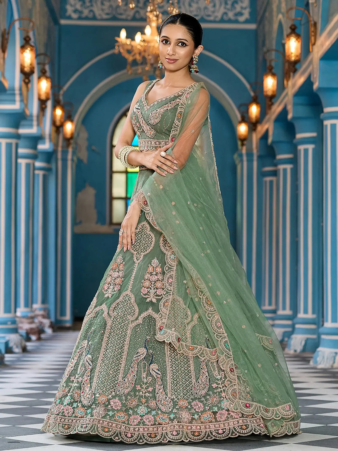 Lovable Olive Green Embroidered Net Mehendi Wear Lehenga With Blouse