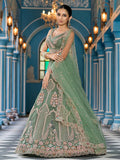 Lovable Olive Green Embroidered Net Mehendi Wear Lehenga With Blouse