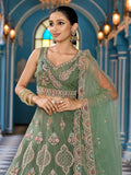 Lovable Olive Green Embroidered Net Mehendi Wear Lehenga With Blouse