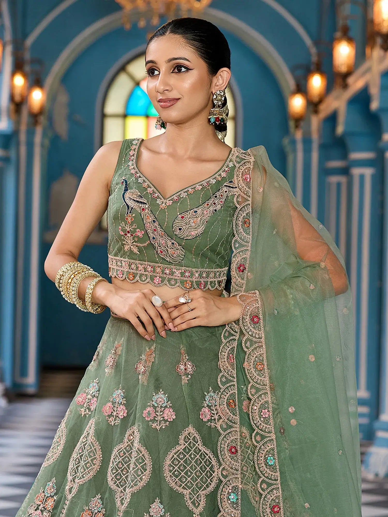 Lovable Olive Green Embroidered Net Mehendi Wear Lehenga With Blouse