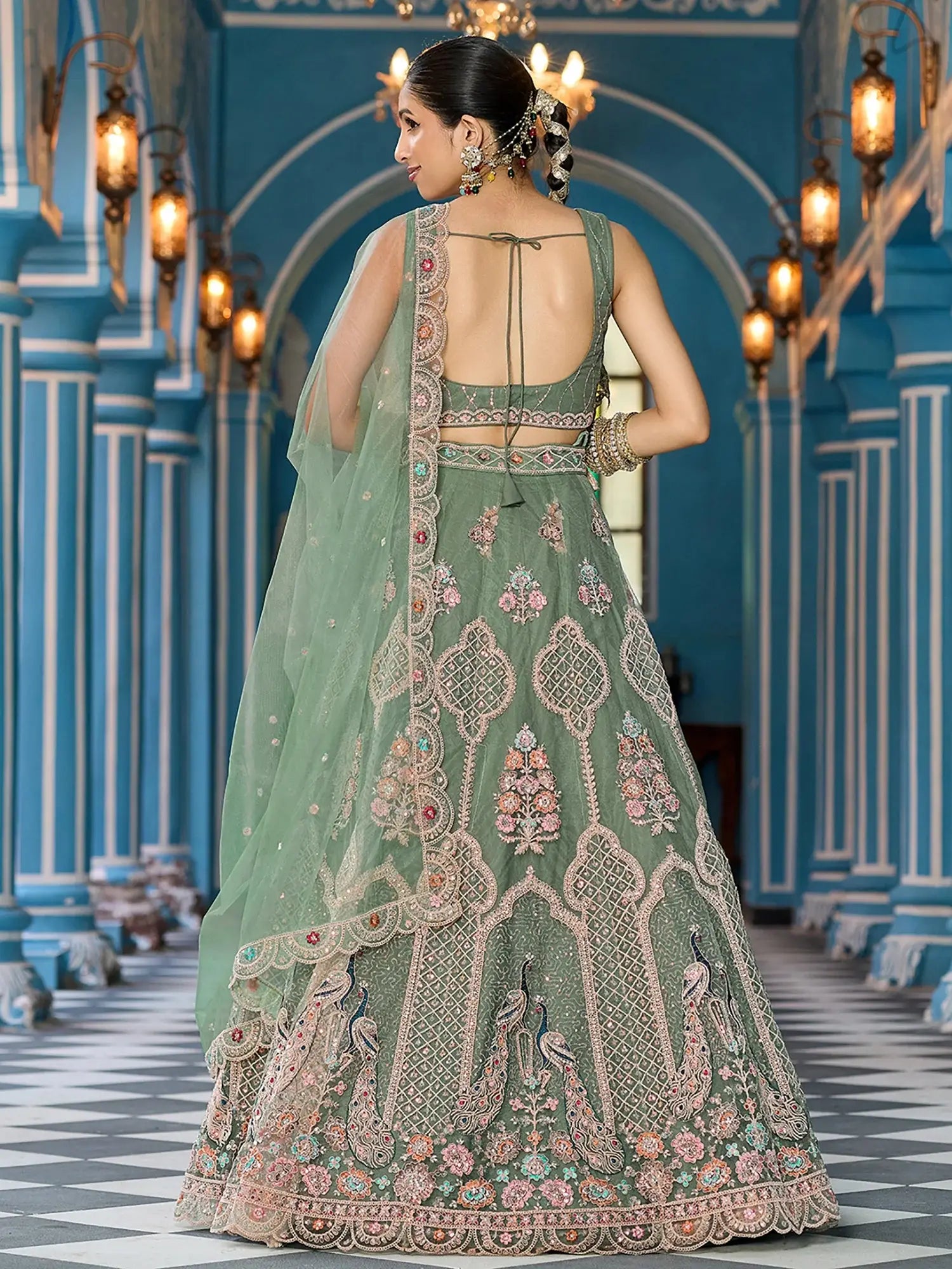 Lovable Olive Green Embroidered Net Mehendi Wear Lehenga With Blouse